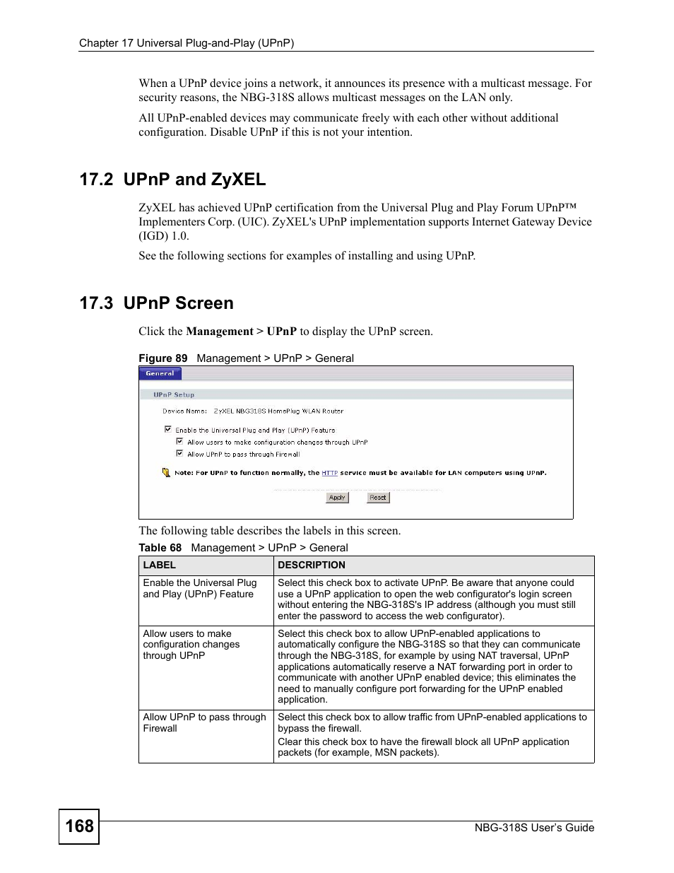 2 upnp and zyxel, 3 upnp screen, 2 upnp and zyxel 17.3 upnp screen | Figure 89 management > upnp > general, Table 68 management > upnp > general | ZyXEL Communications NBG-318S User Manual | Page 168 / 286