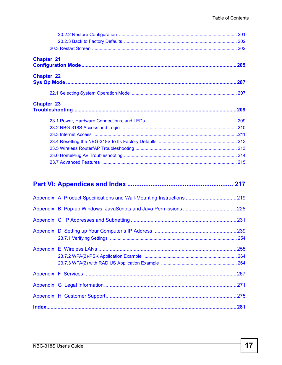 Part vi: appendices and index | ZyXEL Communications NBG-318S User Manual | Page 17 / 286