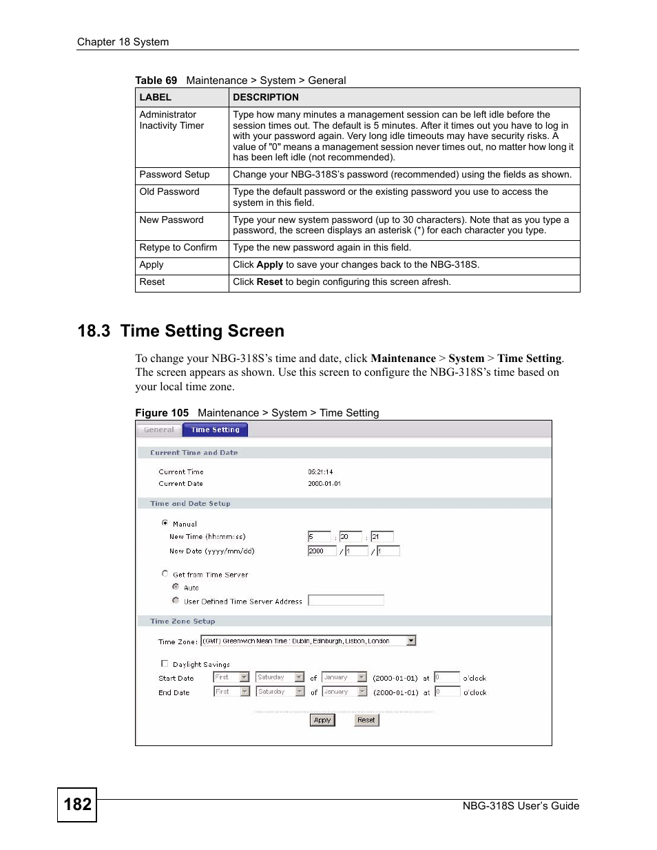 3 time setting screen, Figure 105 maintenance > system > time setting | ZyXEL Communications NBG-318S User Manual | Page 182 / 286