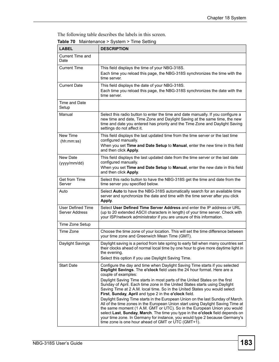 Table 70 maintenance > system > time setting | ZyXEL Communications NBG-318S User Manual | Page 183 / 286