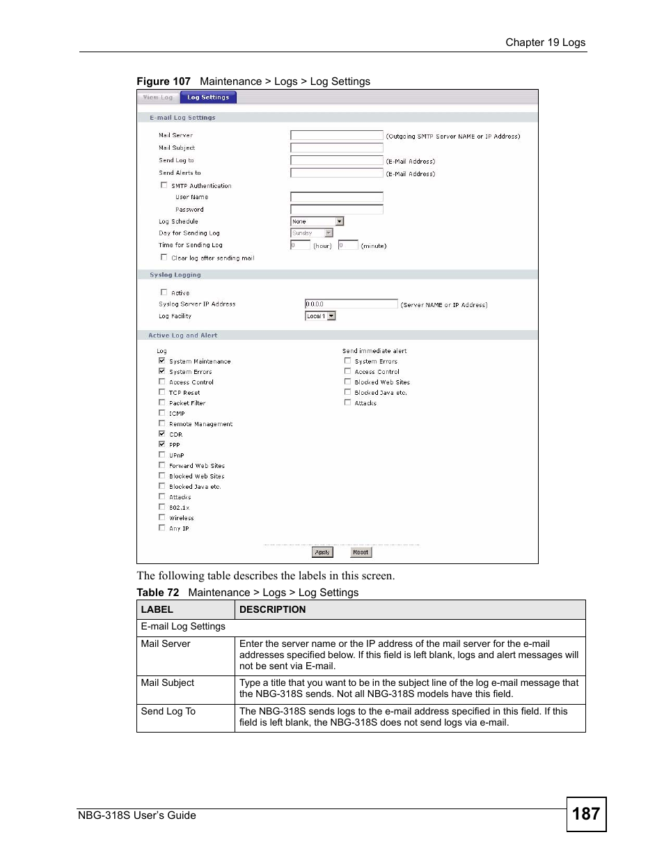 Figure 107 maintenance > logs > log settings, Table 72 maintenance > logs > log settings | ZyXEL Communications NBG-318S User Manual | Page 187 / 286