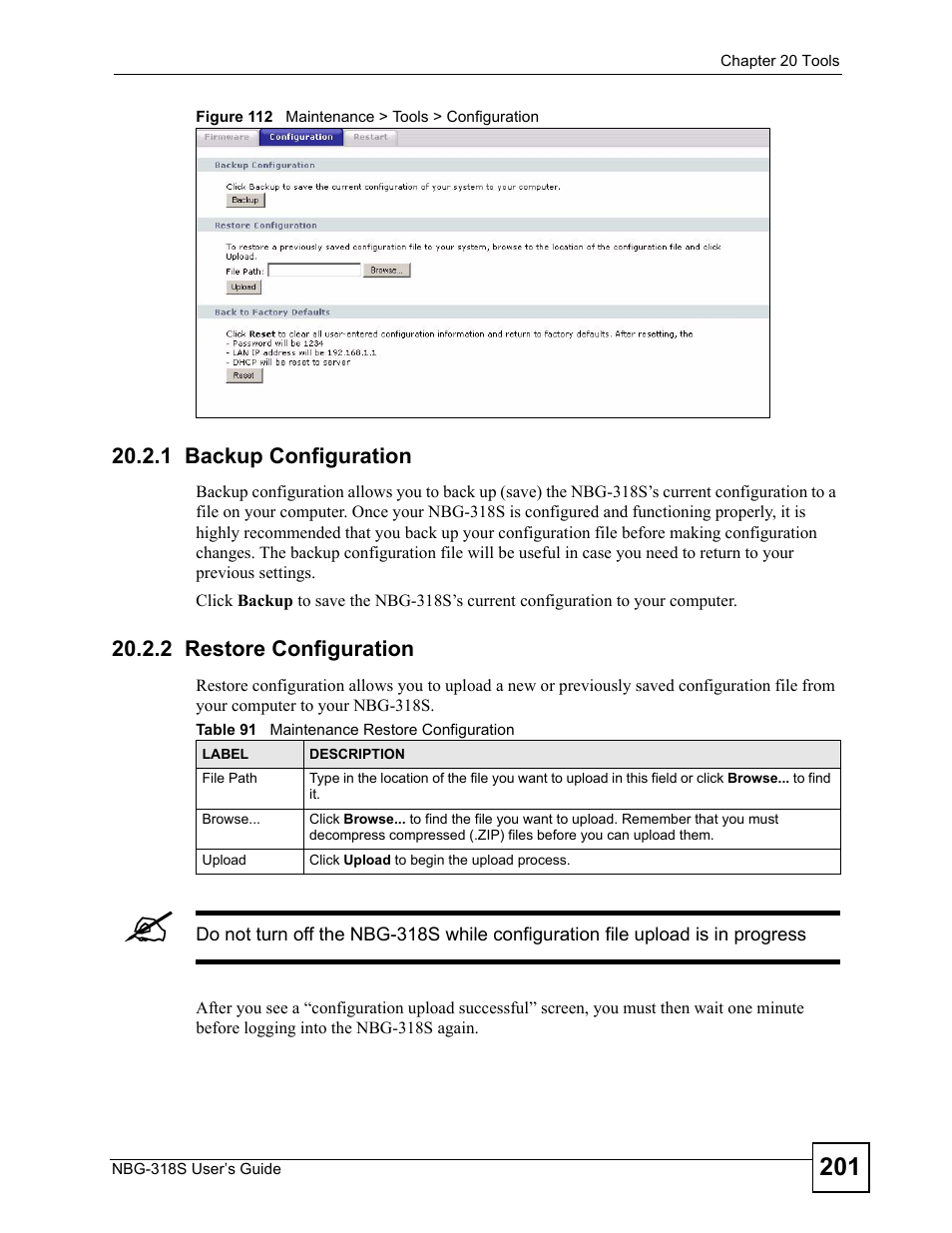 1 backup configuration, 2 restore configuration, Figure 112 maintenance > tools > configuration | Table 91 maintenance restore configuration | ZyXEL Communications NBG-318S User Manual | Page 201 / 286