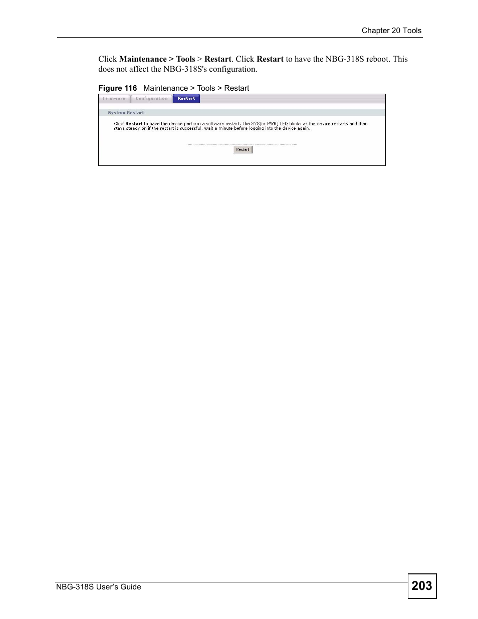 Figure 116 maintenance > tools > restart | ZyXEL Communications NBG-318S User Manual | Page 203 / 286