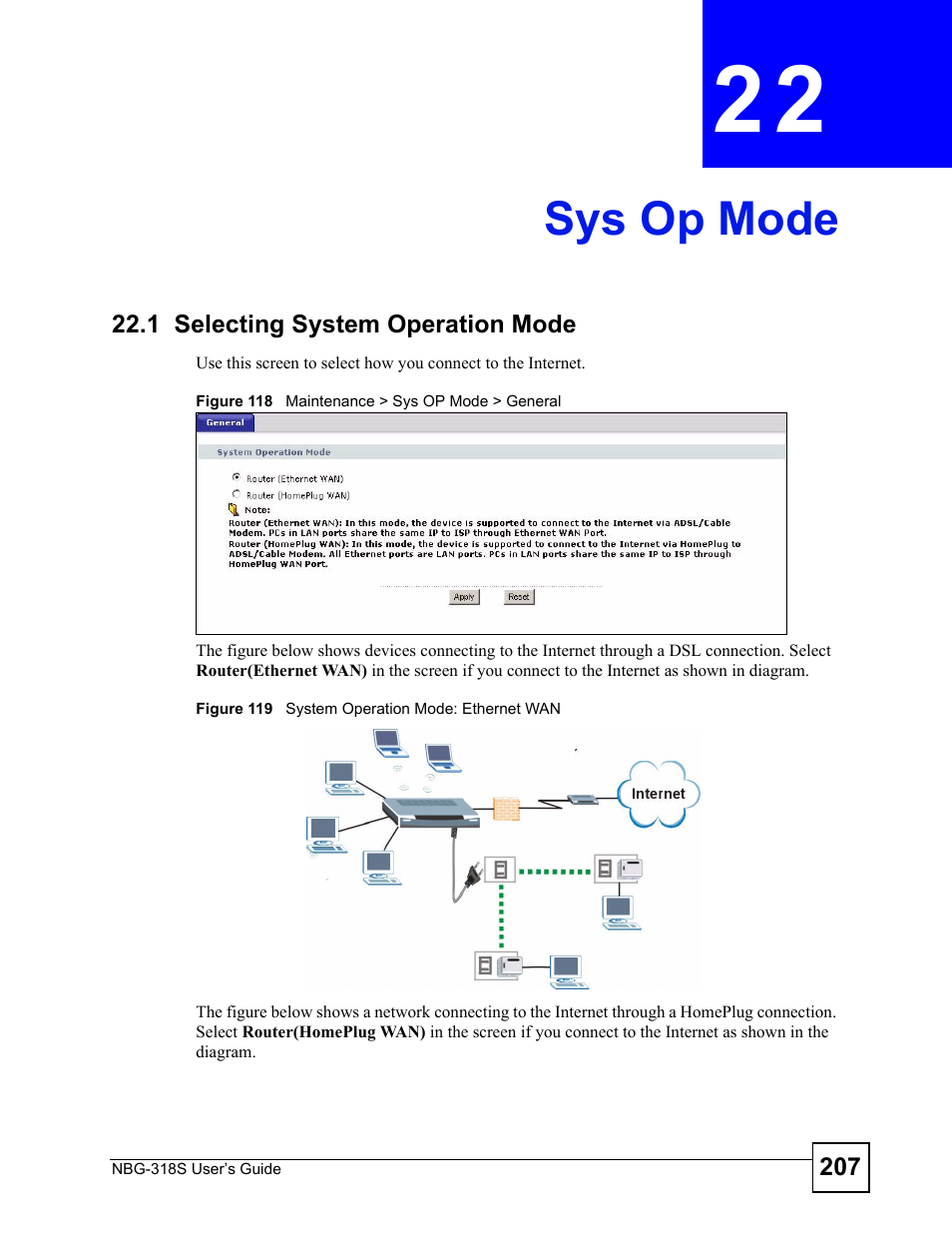 Sys op mode, 1 selecting system operation mode, Chapter 22 sys op mode | Sys op mode (207) | ZyXEL Communications NBG-318S User Manual | Page 207 / 286