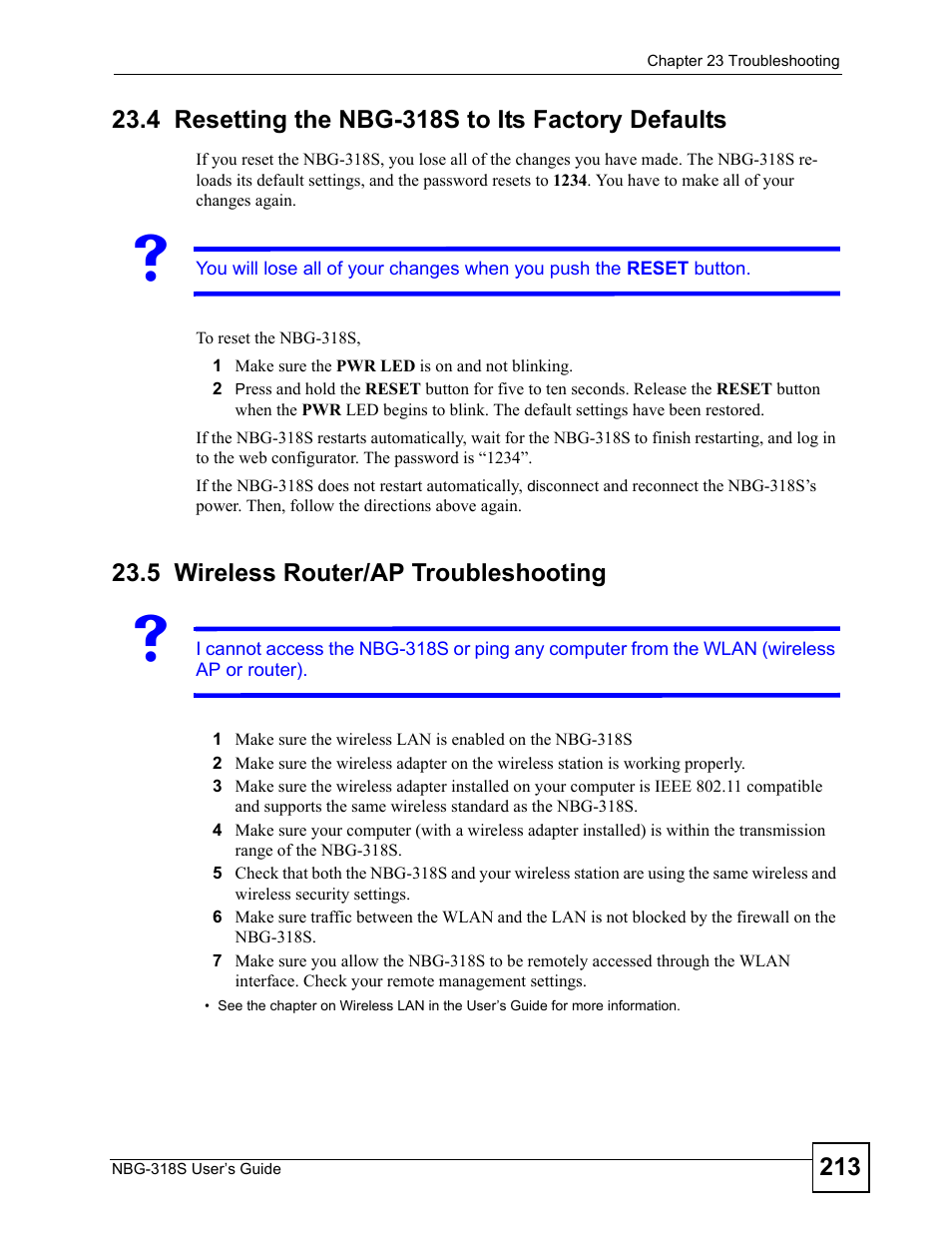 4 resetting the nbg-318s to its factory defaults, 5 wireless router/ap troubleshooting, Resetting the nbg-318s to its factory defaults | Wireless router/ap troubleshooting, Section | ZyXEL Communications NBG-318S User Manual | Page 213 / 286