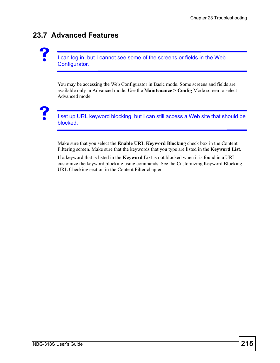 7 advanced features, Advanced features | ZyXEL Communications NBG-318S User Manual | Page 215 / 286