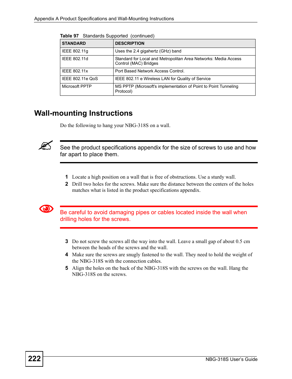 Wall-mounting instructions, 222 wall-mounting instructions | ZyXEL Communications NBG-318S User Manual | Page 222 / 286