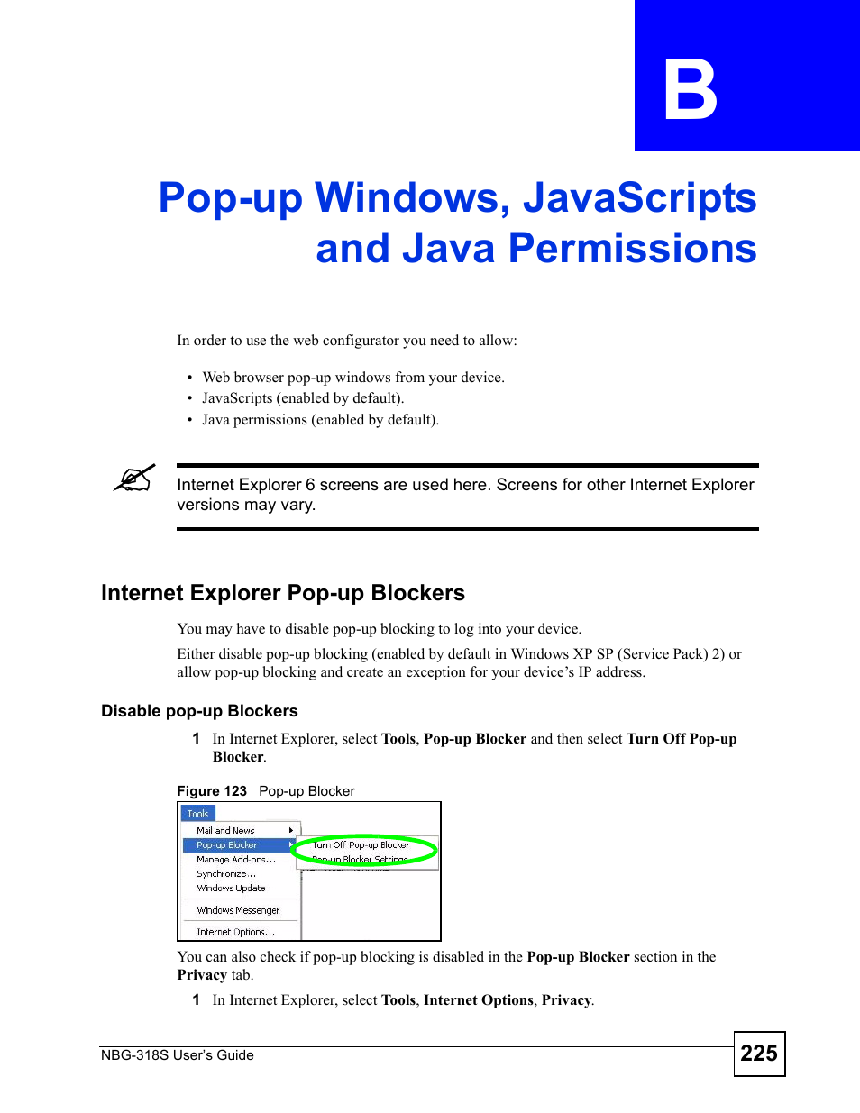 Pop-up windows, javascripts and java permissions, Internet explorer pop-up blockers, Disable pop-up blockers | Figure 123 pop-up blocker | ZyXEL Communications NBG-318S User Manual | Page 225 / 286