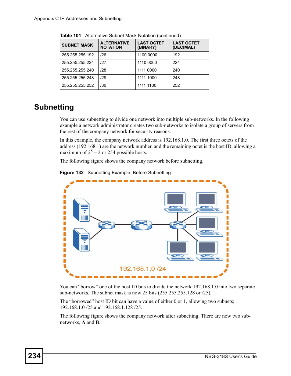 Subnetting, Figure 132 subnetting example: before subnetting, 234 subnetting | ZyXEL Communications NBG-318S User Manual | Page 234 / 286