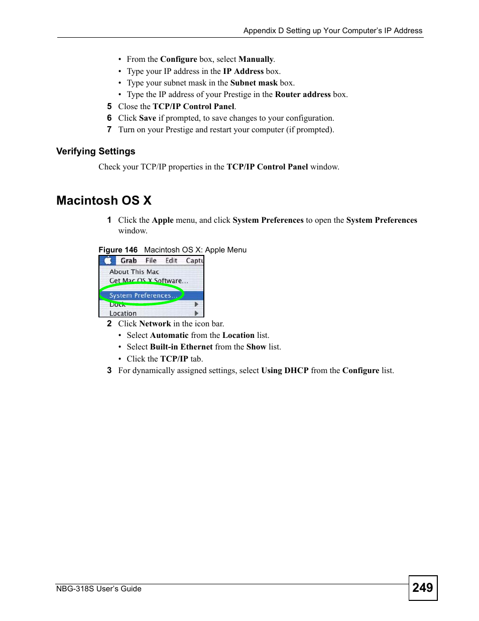 Verifying settings, Macintosh os x, Figure 146 macintosh os x: apple menu | ZyXEL Communications NBG-318S User Manual | Page 249 / 286
