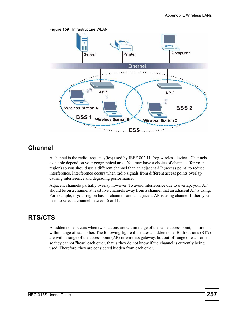 Channel, Rts/cts, Figure 159 infrastructure wlan | ZyXEL Communications NBG-318S User Manual | Page 257 / 286
