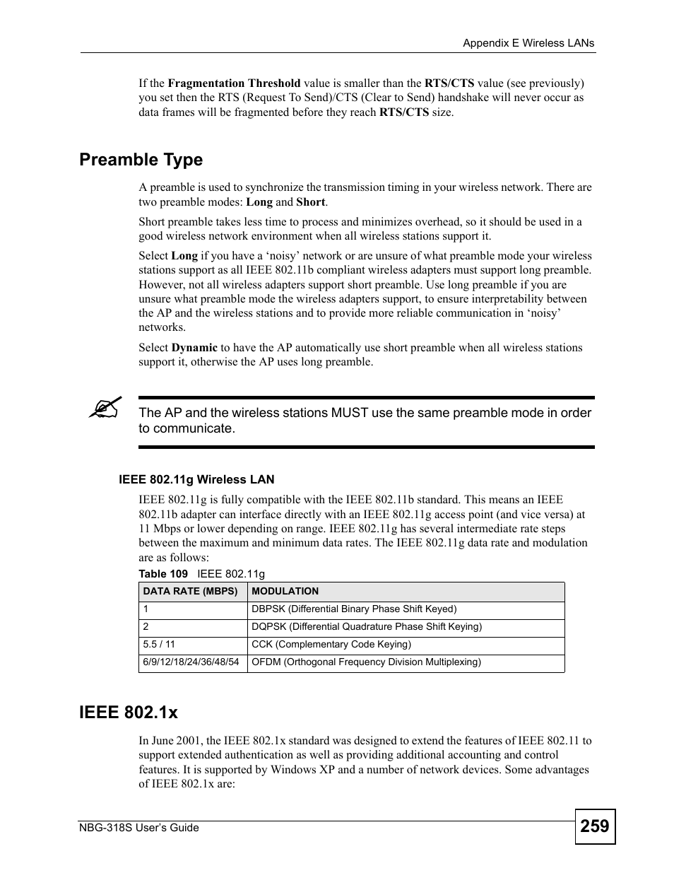 Preamble type, Ieee 802.1x, Table 109 ieee 802.11g | ZyXEL Communications NBG-318S User Manual | Page 259 / 286