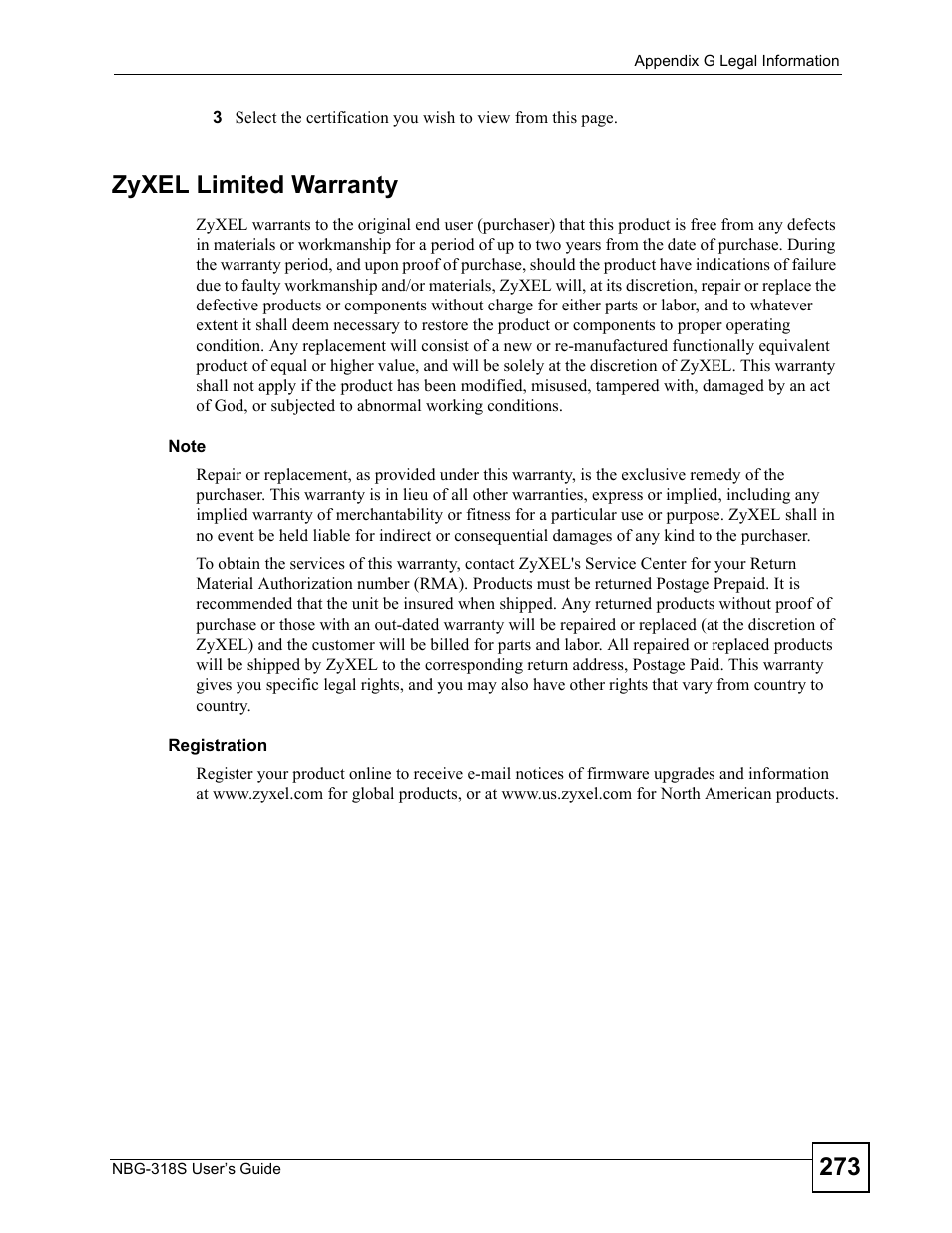 Zyxel limited warranty | ZyXEL Communications NBG-318S User Manual | Page 273 / 286