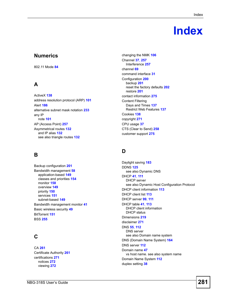Index, Index (281), Numerics | ZyXEL Communications NBG-318S User Manual | Page 281 / 286