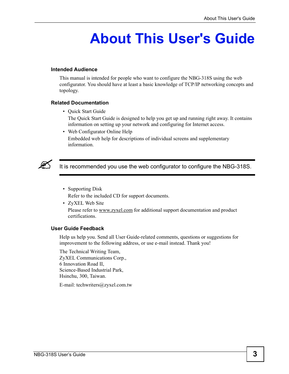 About this user's guide | ZyXEL Communications NBG-318S User Manual | Page 3 / 286