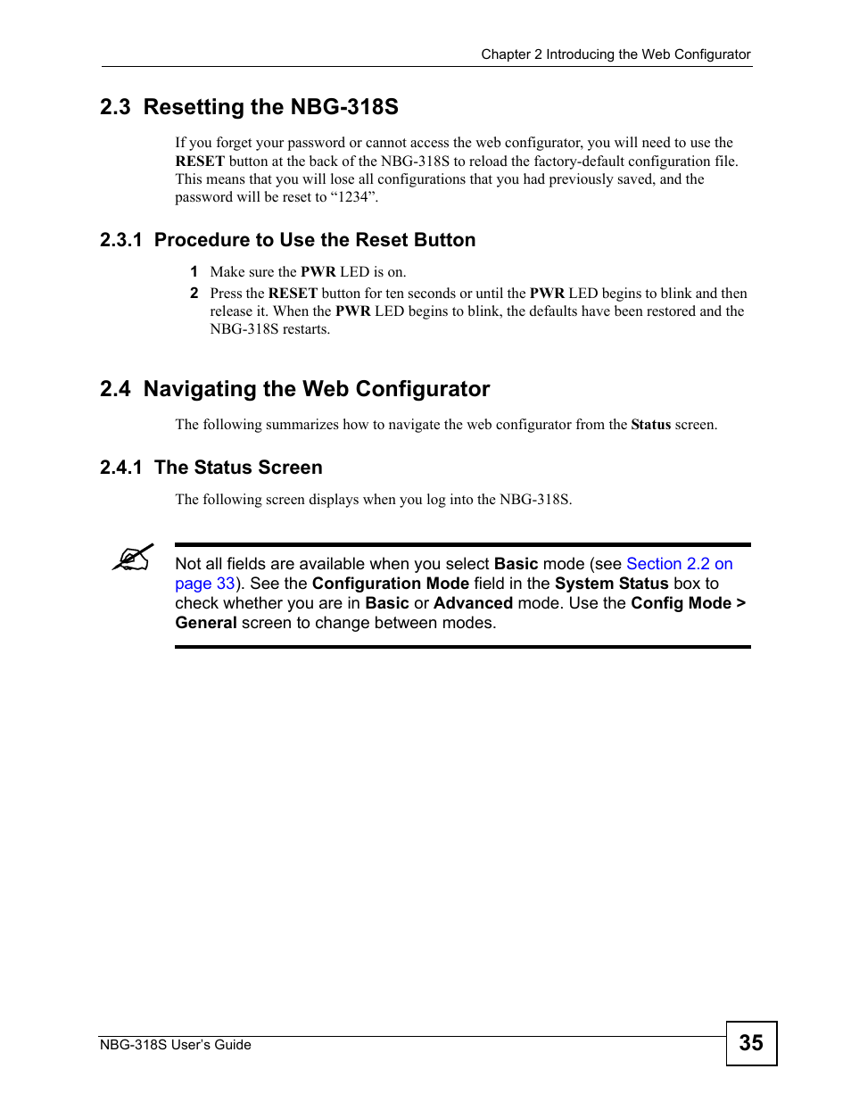 3 resetting the nbg-318s, 1 procedure to use the reset button, 4 navigating the web configurator | 1 the status screen | ZyXEL Communications NBG-318S User Manual | Page 35 / 286