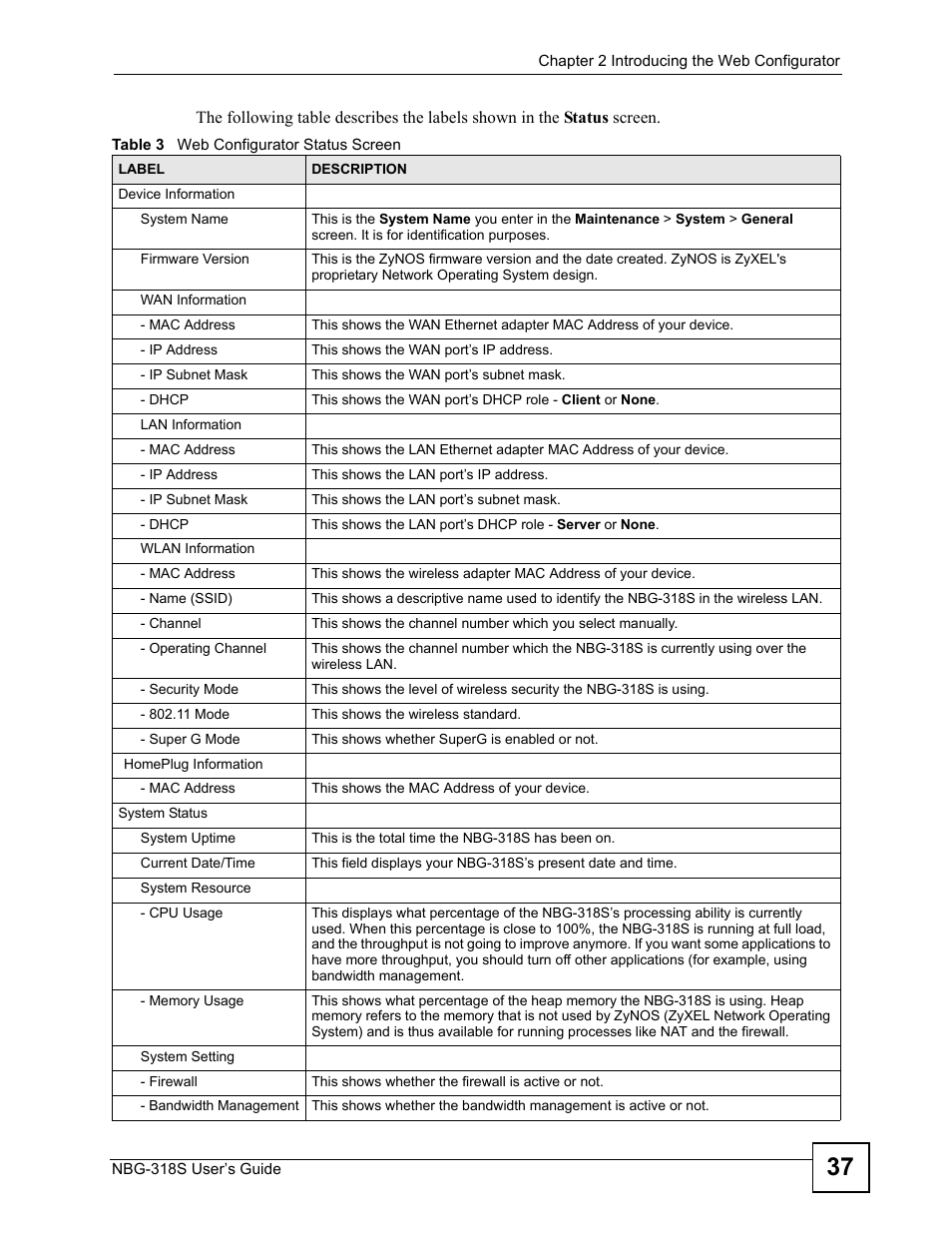 Table 3 web configurator status screen | ZyXEL Communications NBG-318S User Manual | Page 37 / 286