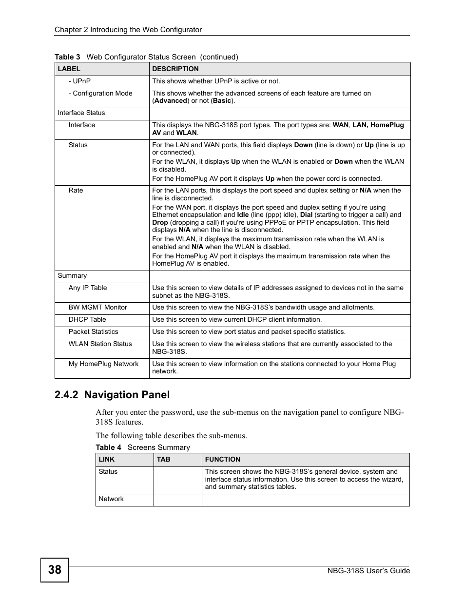 2 navigation panel, Table 4 screens summary | ZyXEL Communications NBG-318S User Manual | Page 38 / 286