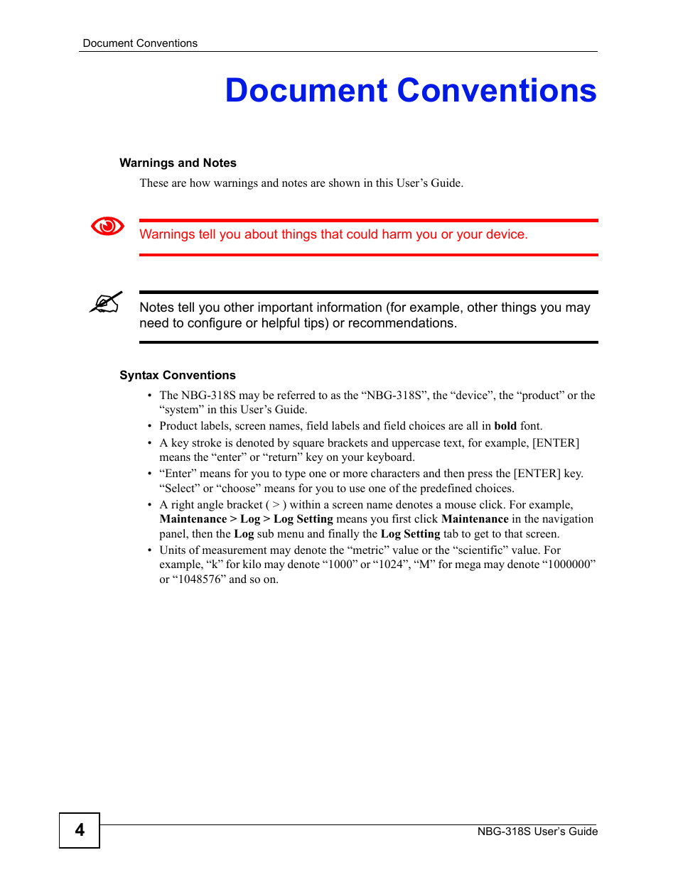 Document conventions | ZyXEL Communications NBG-318S User Manual | Page 4 / 286