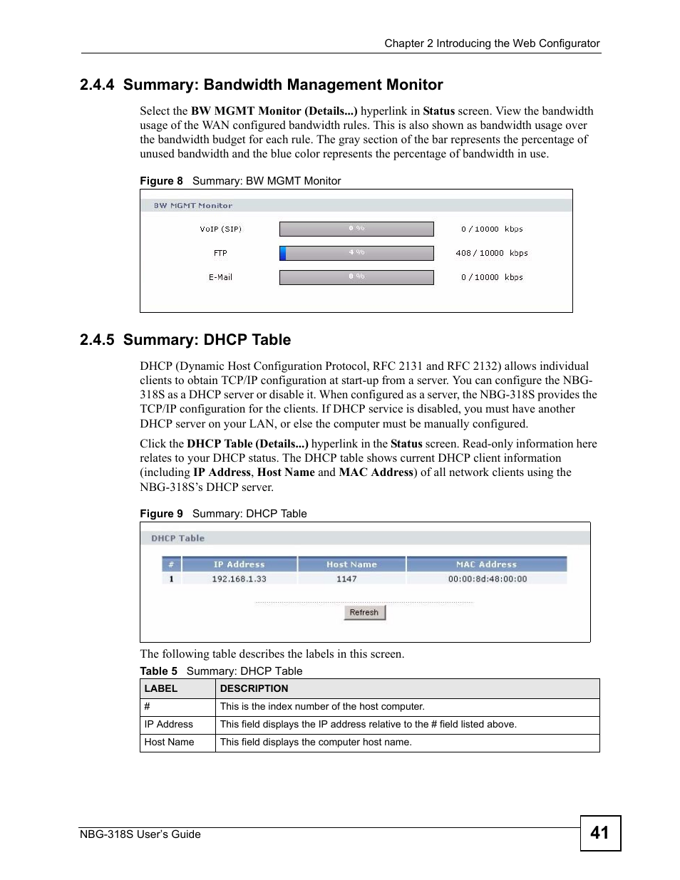 4 summary: bandwidth management monitor, 5 summary: dhcp table, Table 5 summary: dhcp table | ZyXEL Communications NBG-318S User Manual | Page 41 / 286