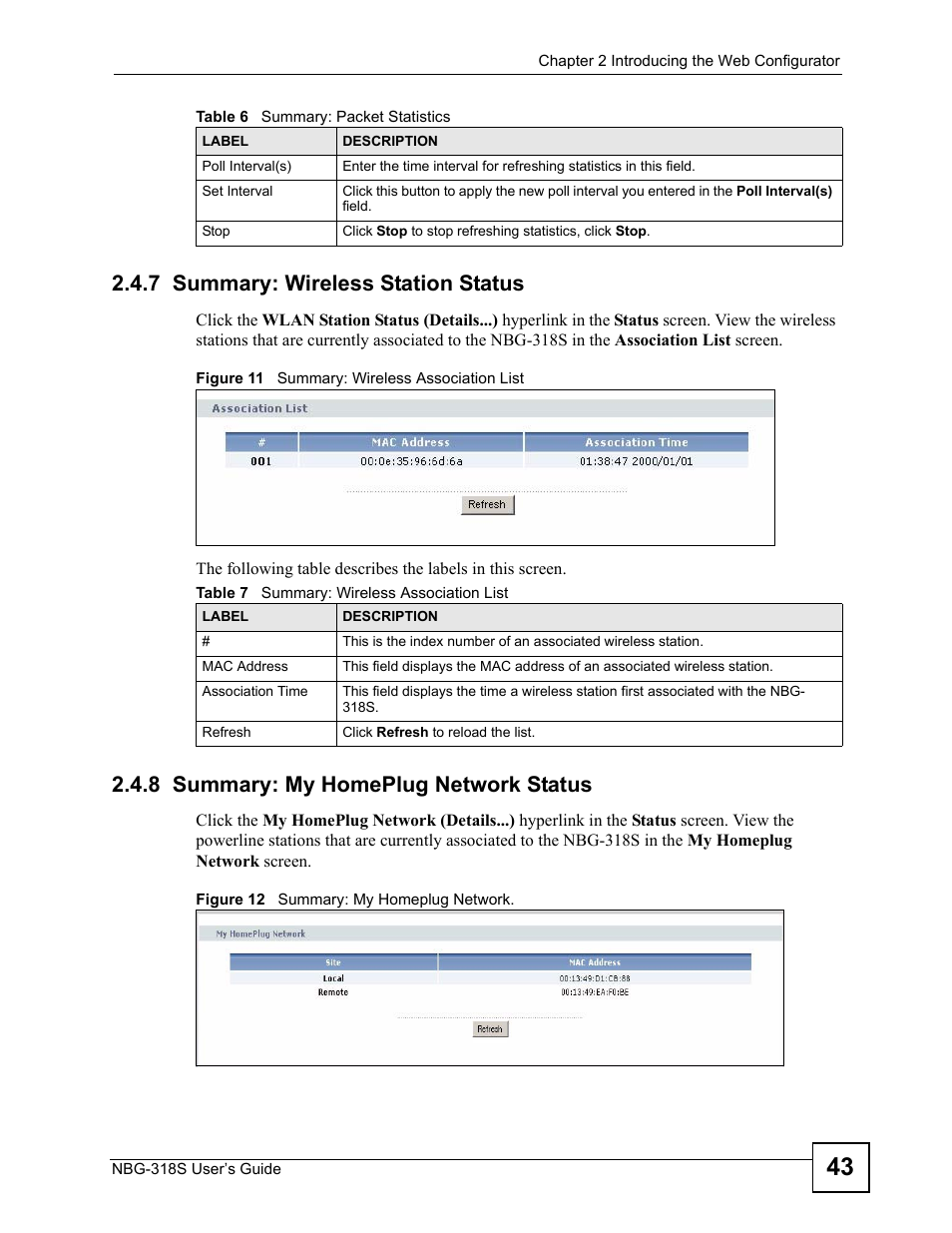 7 summary: wireless station status, 8 summary: my homeplug network status, Table 7 summary: wireless association list | ZyXEL Communications NBG-318S User Manual | Page 43 / 286