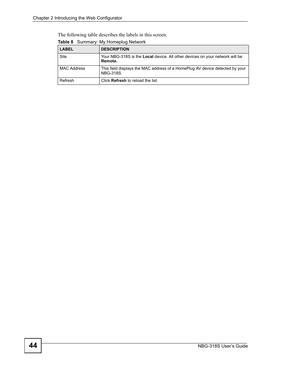 Table 8 summary: my homeplug network | ZyXEL Communications NBG-318S User Manual | Page 44 / 286