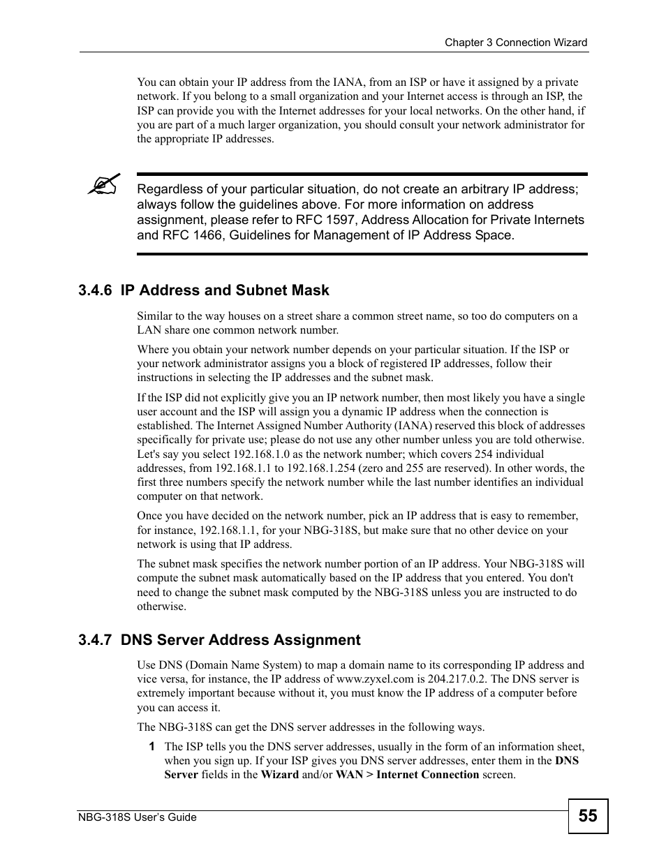 6 ip address and subnet mask, 7 dns server address assignment | ZyXEL Communications NBG-318S User Manual | Page 55 / 286