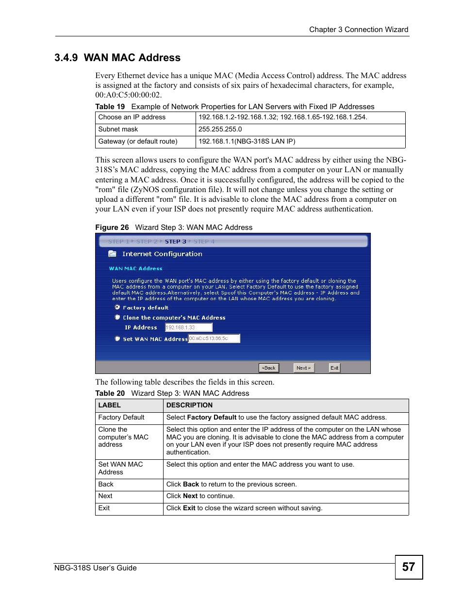 9 wan mac address, Figure 26 wizard step 3: wan mac address | ZyXEL Communications NBG-318S User Manual | Page 57 / 286