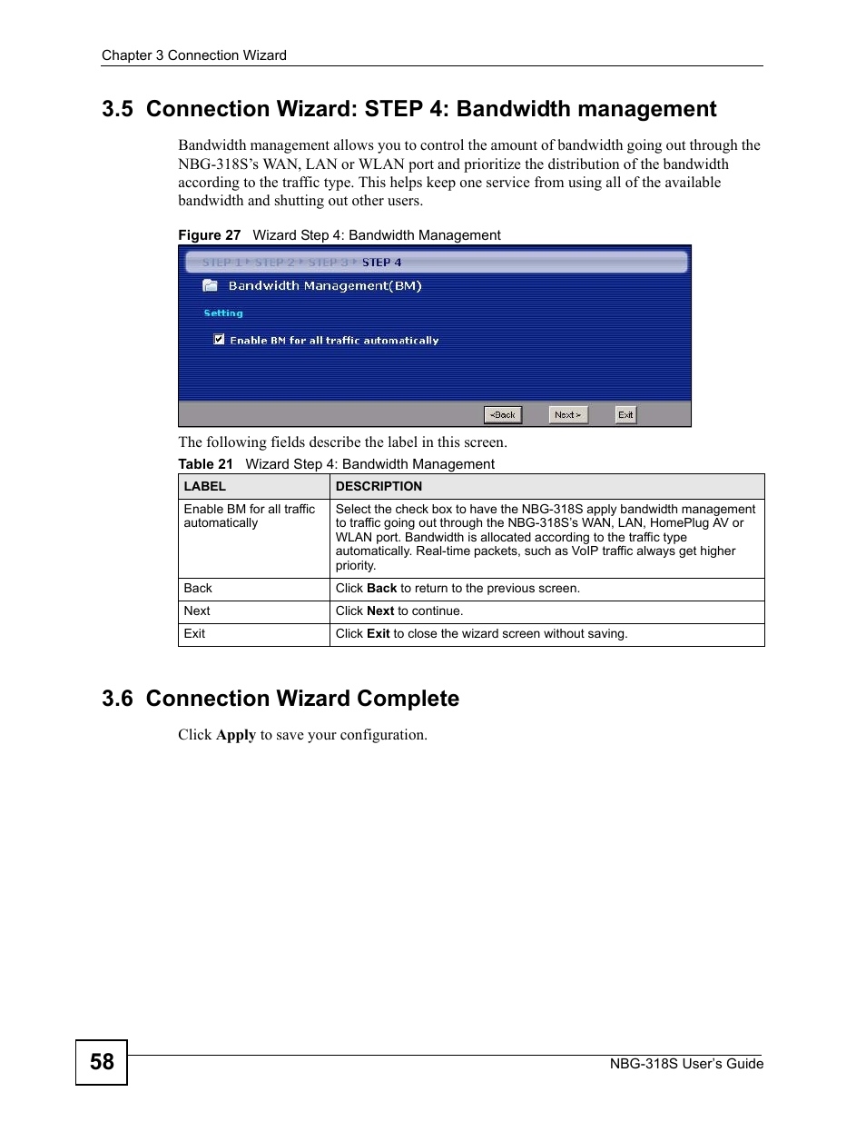 5 connection wizard: step 4: bandwidth management, 6 connection wizard complete, Figure 27 wizard step 4: bandwidth management | Table 21 wizard step 4: bandwidth management | ZyXEL Communications NBG-318S User Manual | Page 58 / 286