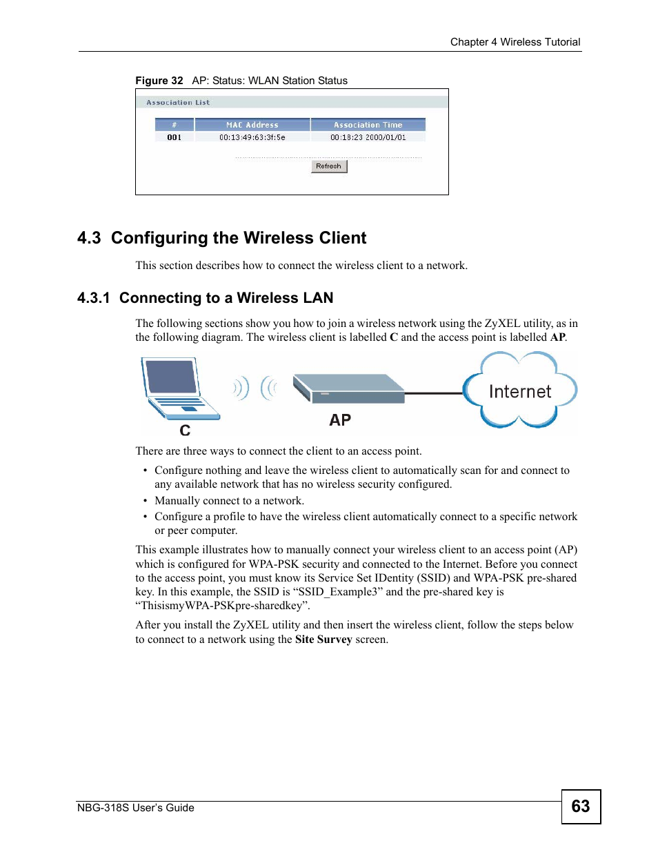 3 configuring the wireless client, 1 connecting to a wireless lan, Figure 32 ap: status: wlan station status | ZyXEL Communications NBG-318S User Manual | Page 63 / 286