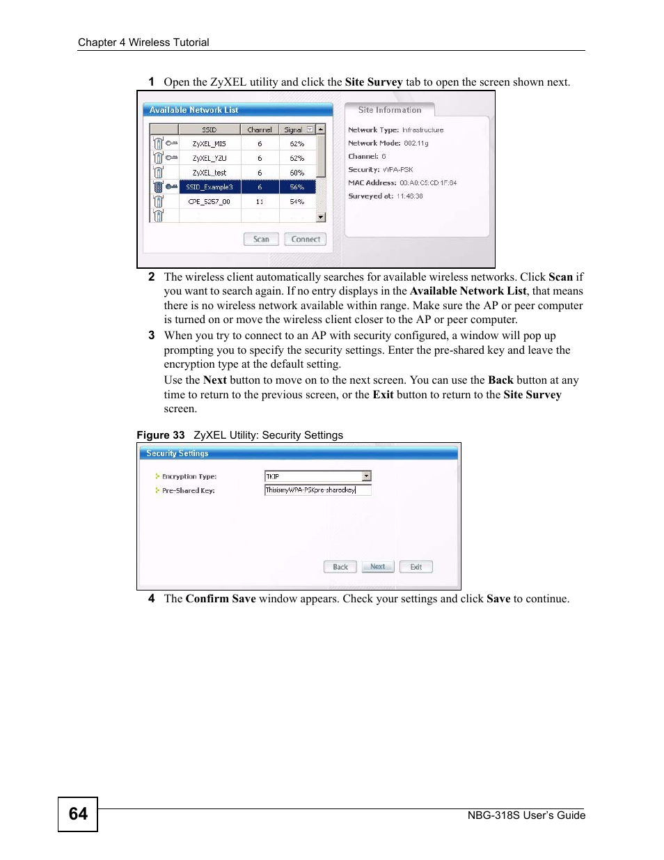 Figure 33 zyxel utility: security settings | ZyXEL Communications NBG-318S User Manual | Page 64 / 286