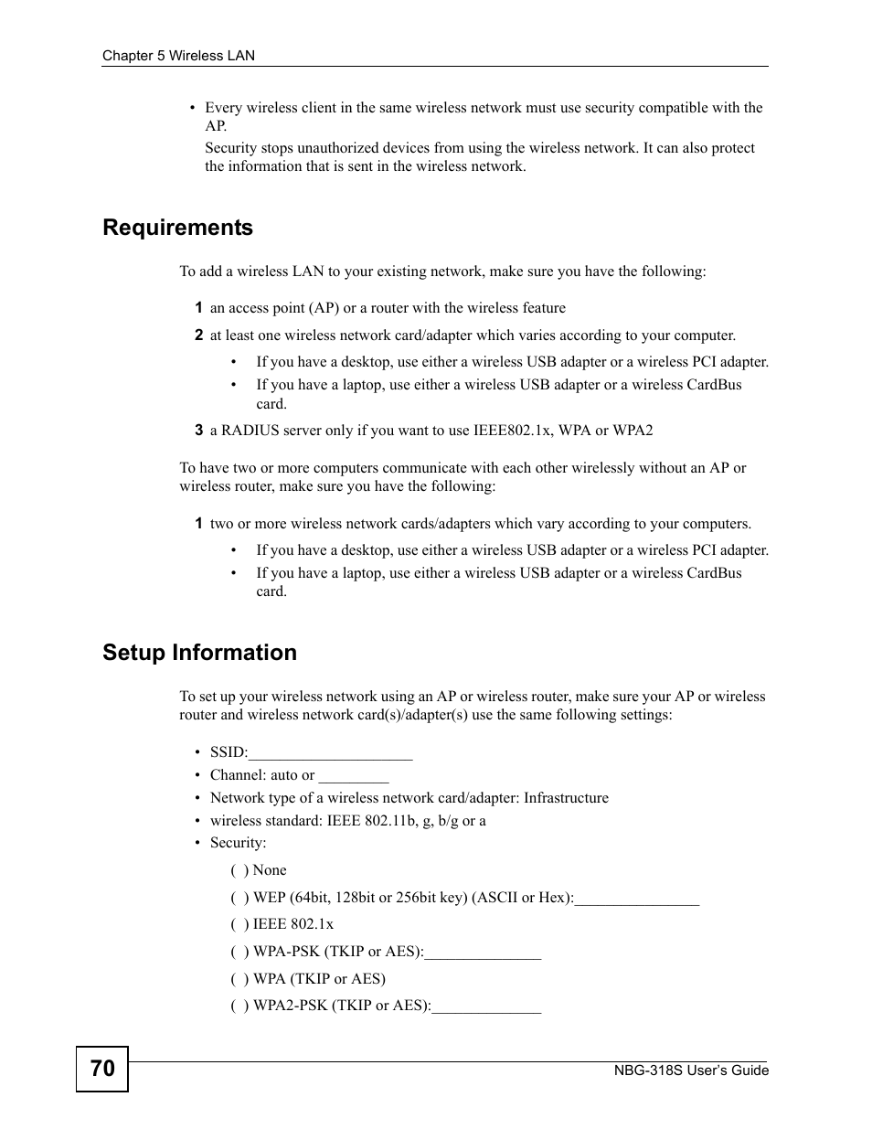 Requirements, Setup information | ZyXEL Communications NBG-318S User Manual | Page 70 / 286