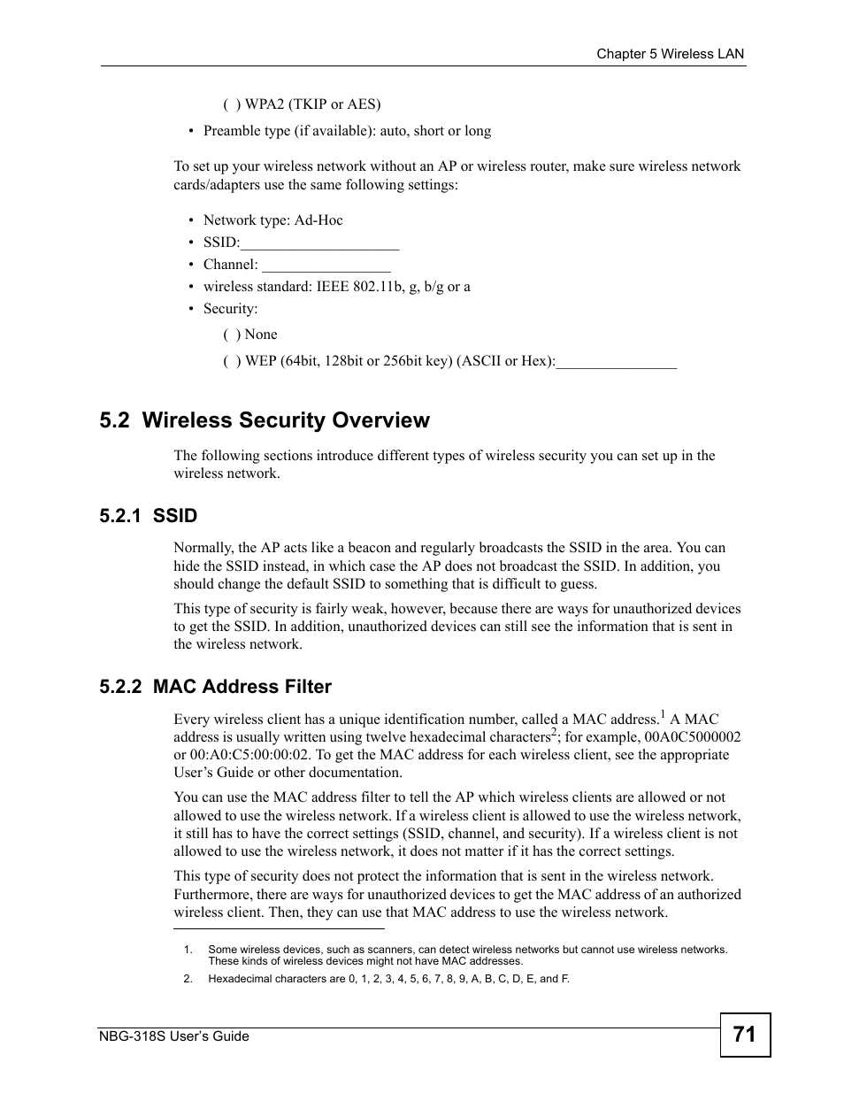 2 wireless security overview, 1 ssid, 2 mac address filter | 1 ssid 5.2.2 mac address filter | ZyXEL Communications NBG-318S User Manual | Page 71 / 286