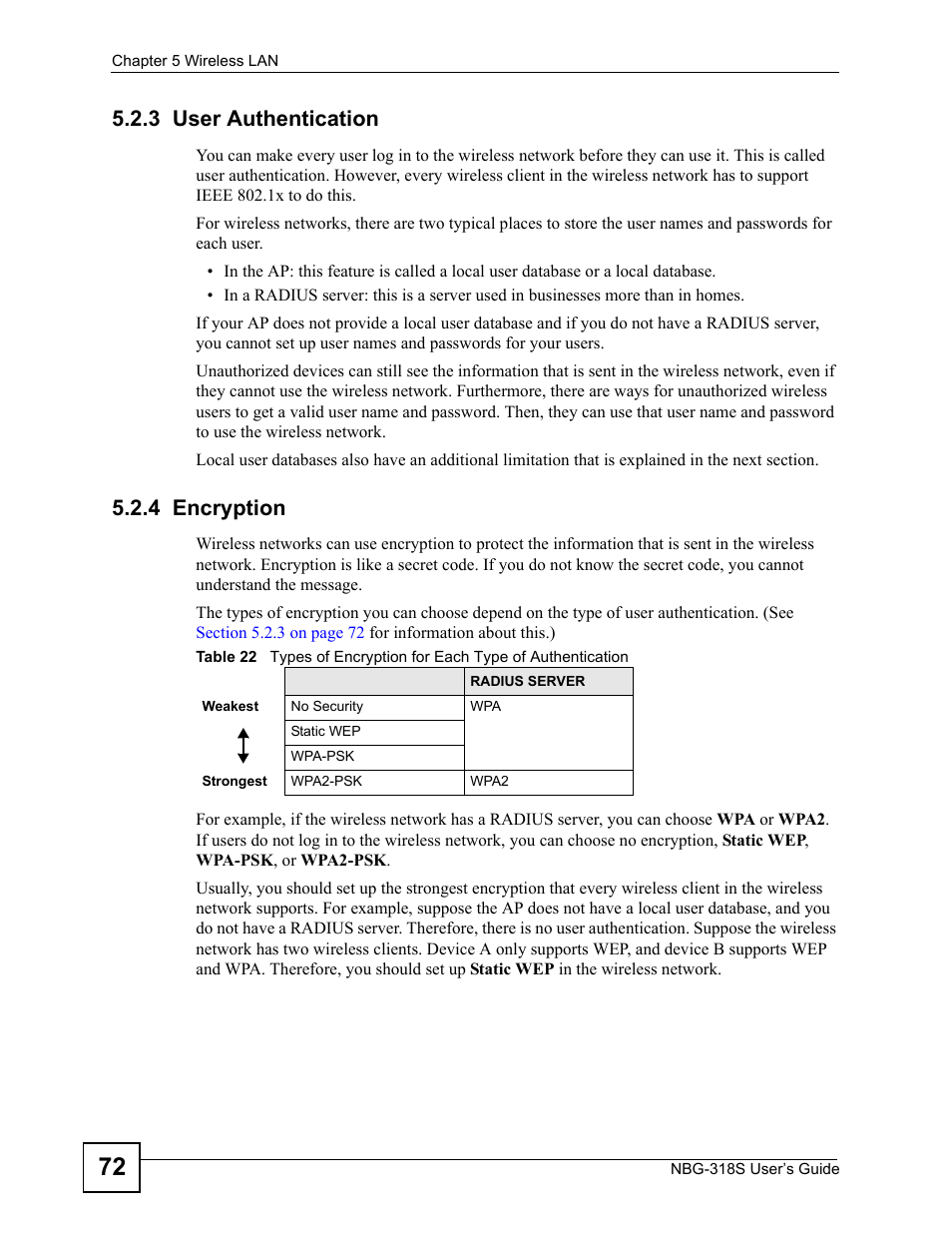 3 user authentication, 4 encryption | ZyXEL Communications NBG-318S User Manual | Page 72 / 286