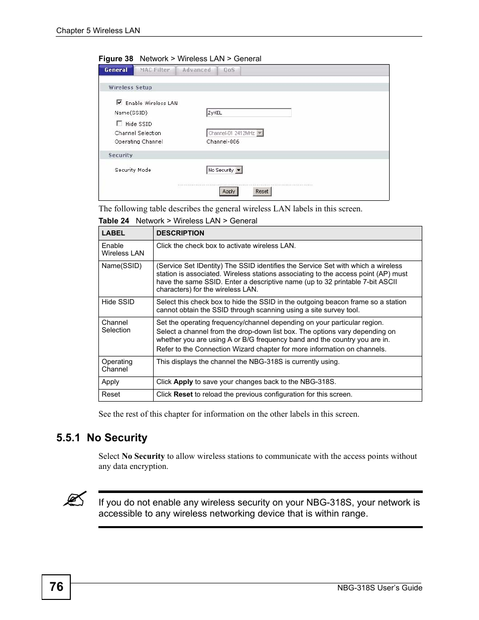 1 no security, Figure 38 network > wireless lan > general, Table 24 network > wireless lan > general | ZyXEL Communications NBG-318S User Manual | Page 76 / 286