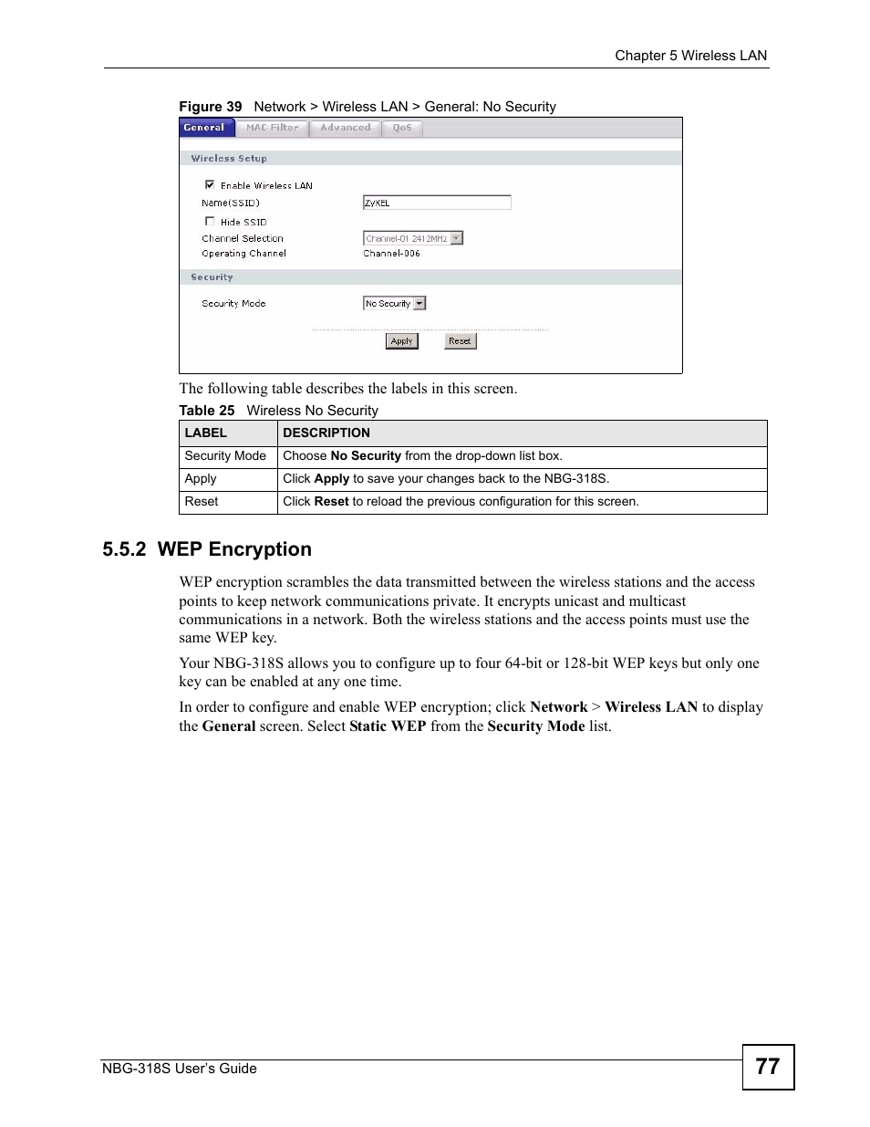 2 wep encryption, Table 25 wireless no security | ZyXEL Communications NBG-318S User Manual | Page 77 / 286
