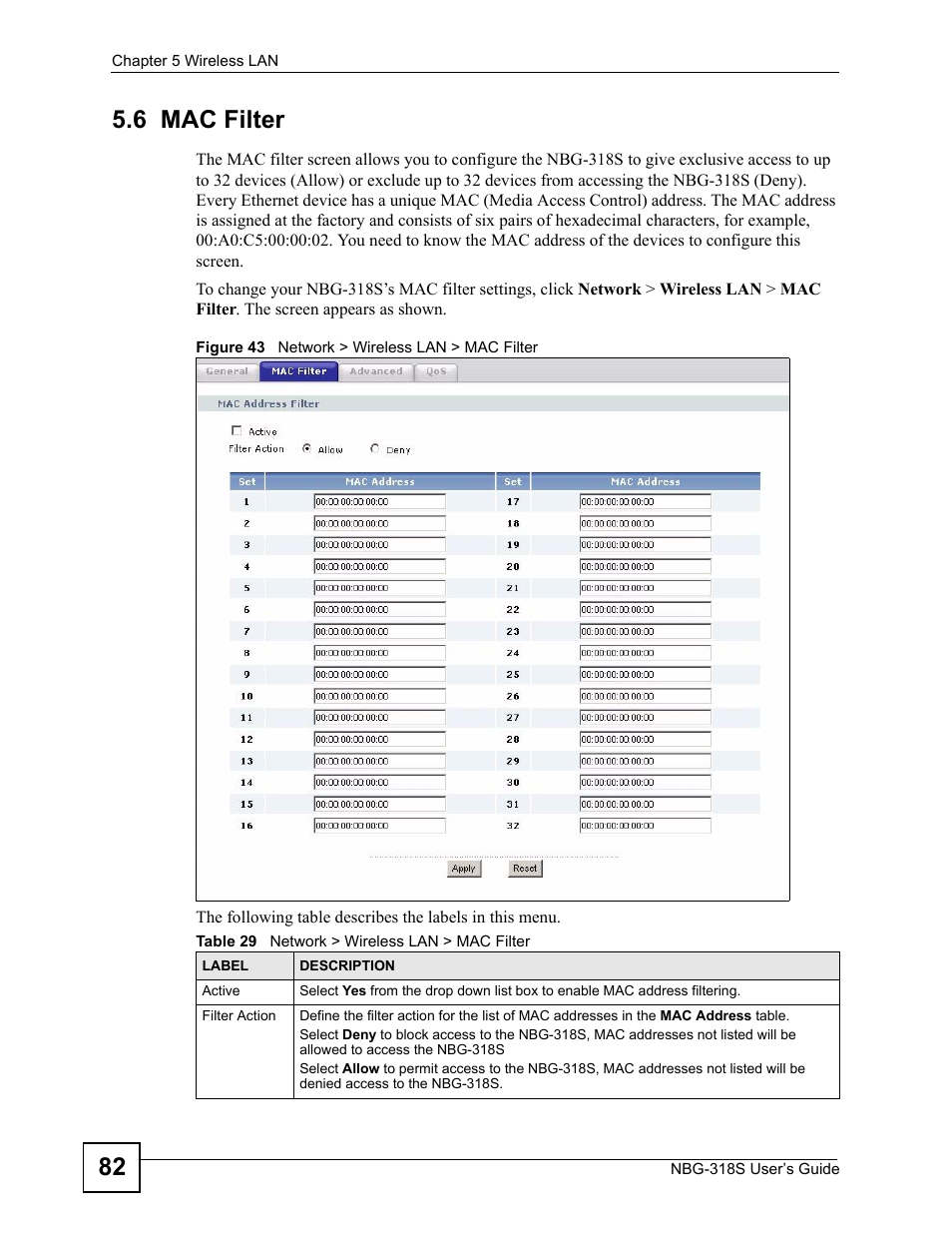 6 mac filter, Figure 43 network > wireless lan > mac filter, Table 29 network > wireless lan > mac filter | 82 5.6 mac filter | ZyXEL Communications NBG-318S User Manual | Page 82 / 286