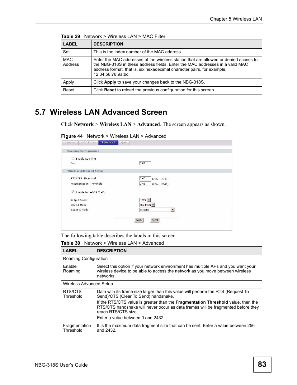 7 wireless lan advanced screen, Figure 44 network > wireless lan > advanced, Table 30 network > wireless lan > advanced | 83 5.7 wireless lan advanced screen | ZyXEL Communications NBG-318S User Manual | Page 83 / 286