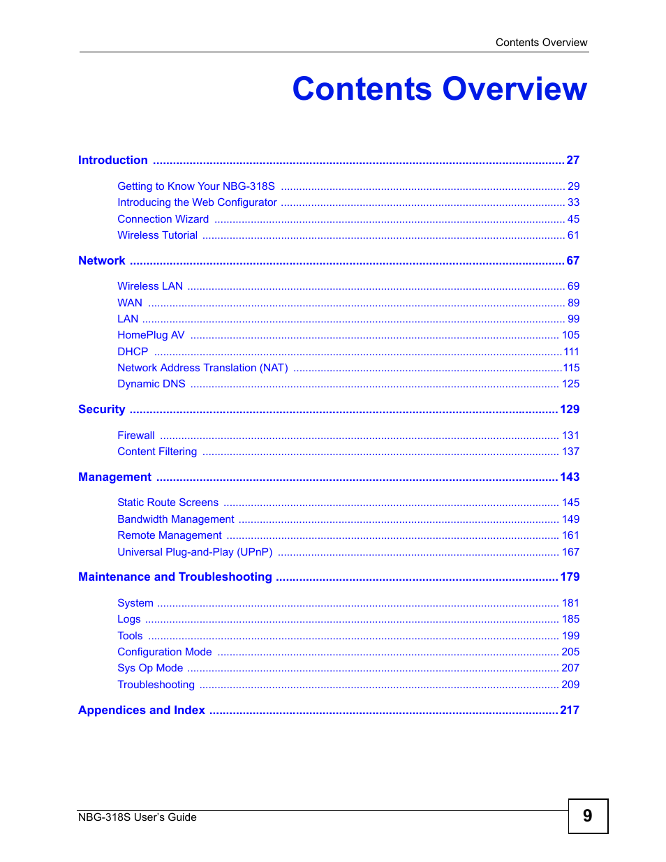 Contents overview | ZyXEL Communications NBG-318S User Manual | Page 9 / 286