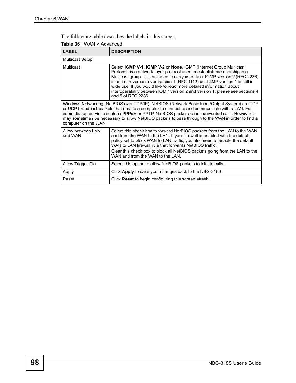Table 36 wan > advanced | ZyXEL Communications NBG-318S User Manual | Page 98 / 286