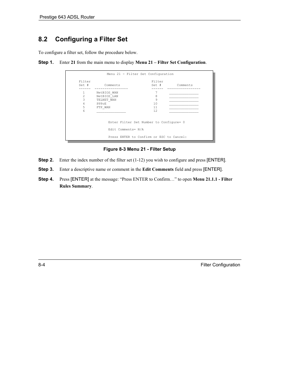 2 configuring a filter set | ZyXEL Communications Prestige 643 User Manual | Page 104 / 179