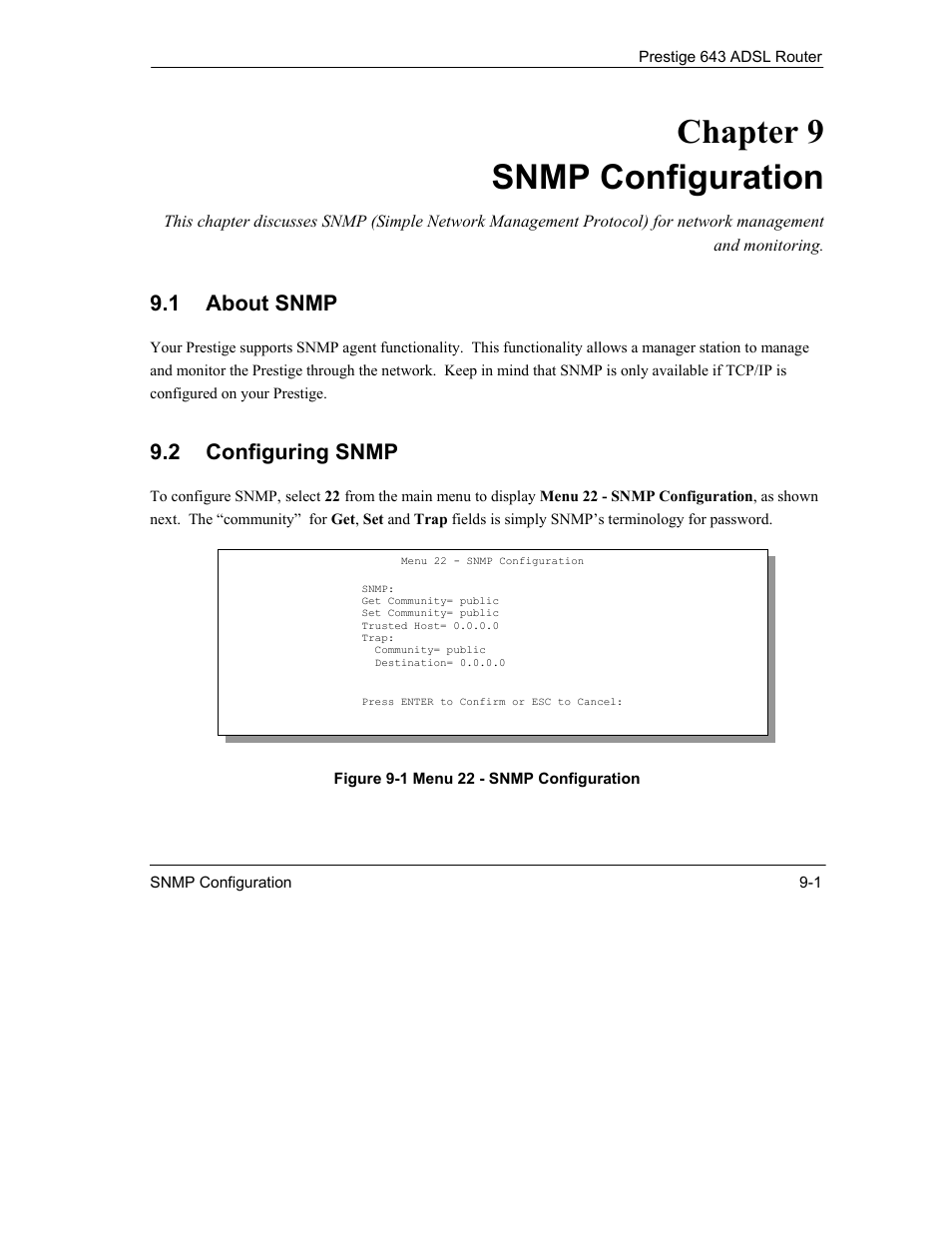 Snmp configuration, Chapter 9 snmp configuration, 1 about snmp | 2 configuring snmp | ZyXEL Communications Prestige 643 User Manual | Page 125 / 179