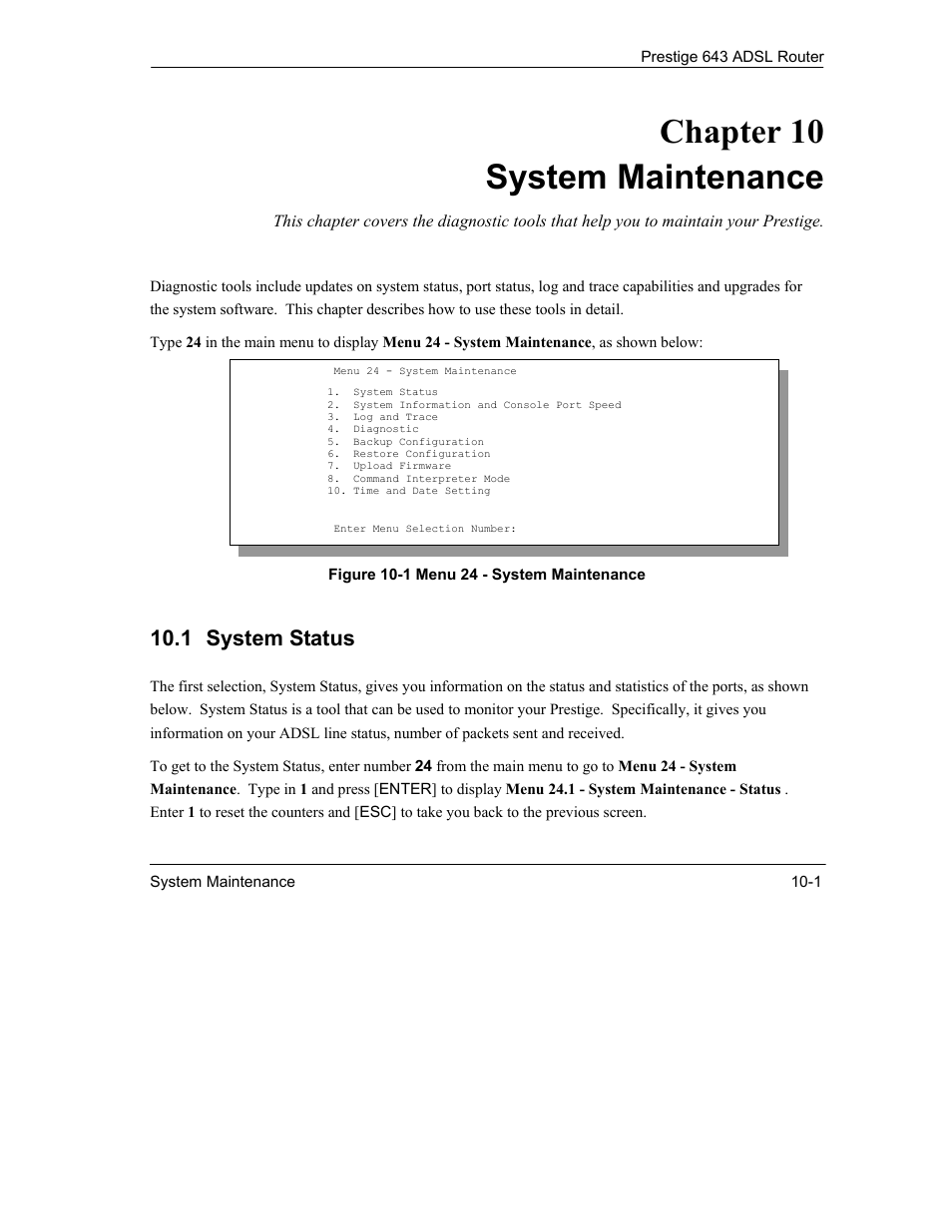 System maintenance, Chapter 10 system maintenance, 1 system status | ZyXEL Communications Prestige 643 User Manual | Page 127 / 179