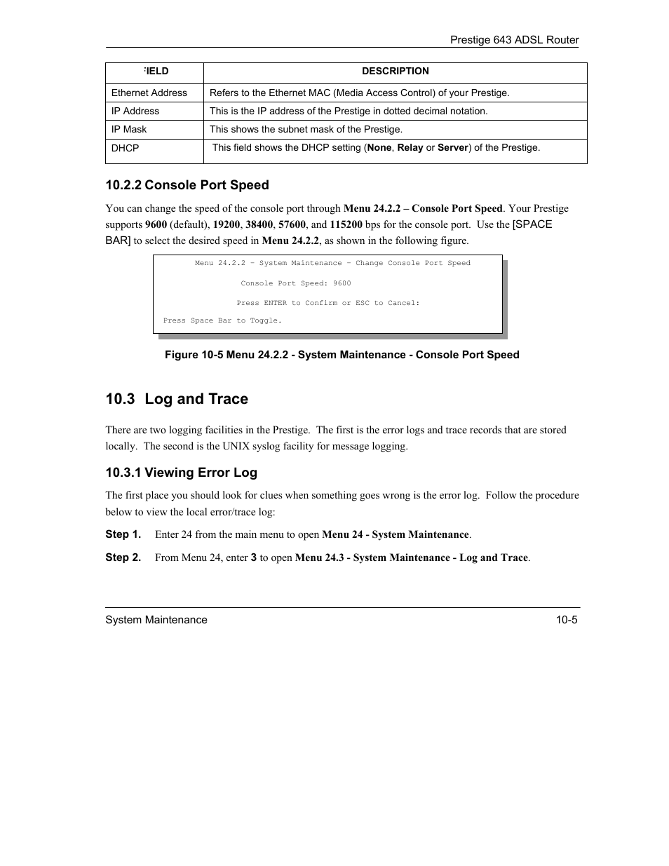 3 log and trace, 2 console port speed, 1 viewing error log | ZyXEL Communications Prestige 643 User Manual | Page 131 / 179