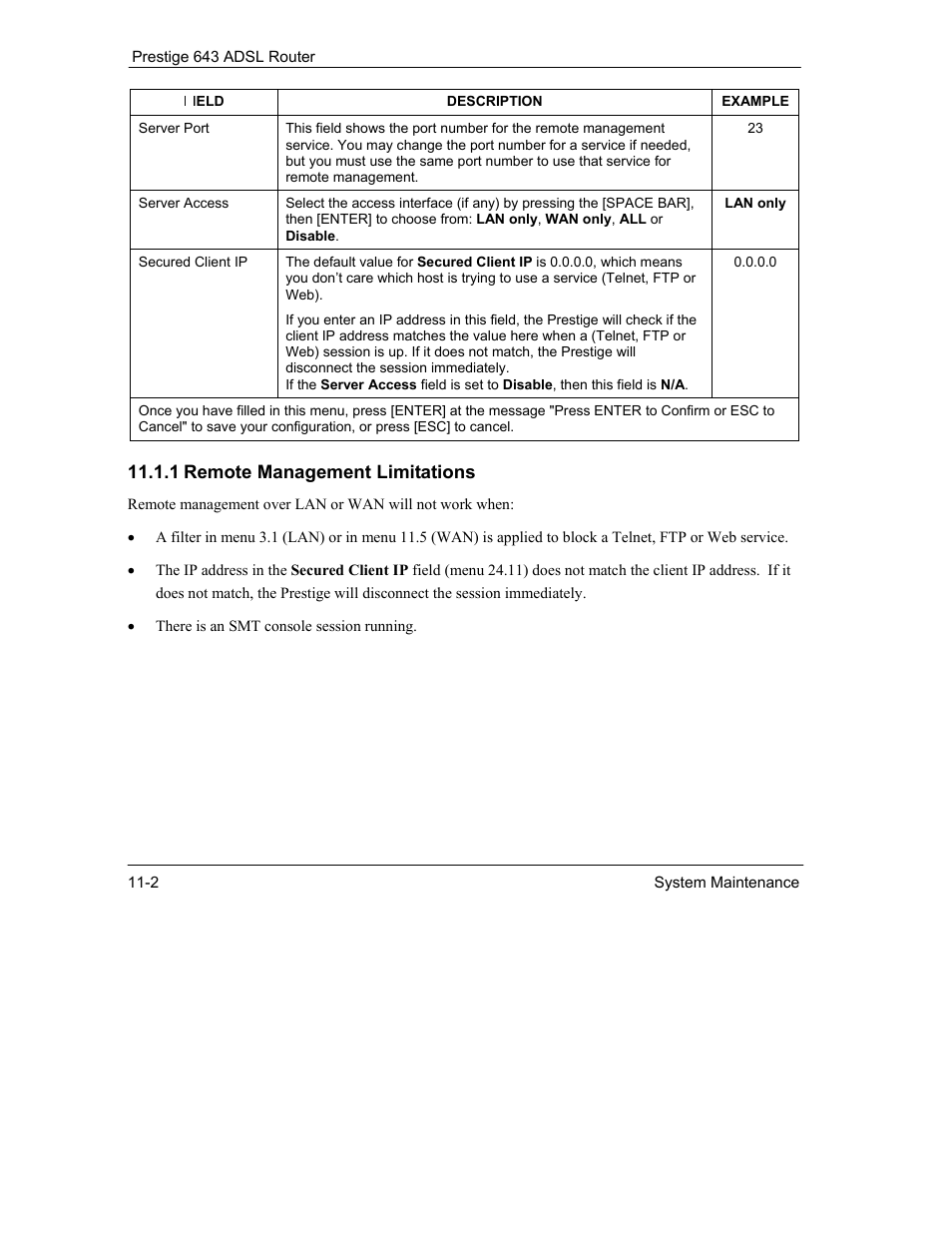 1 remote management limitations | ZyXEL Communications Prestige 643 User Manual | Page 152 / 179