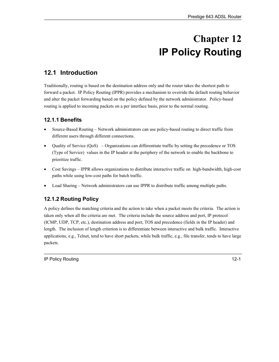 Ip policy routing, Chapter 12 ip policy routing | ZyXEL Communications Prestige 643 User Manual | Page 153 / 179