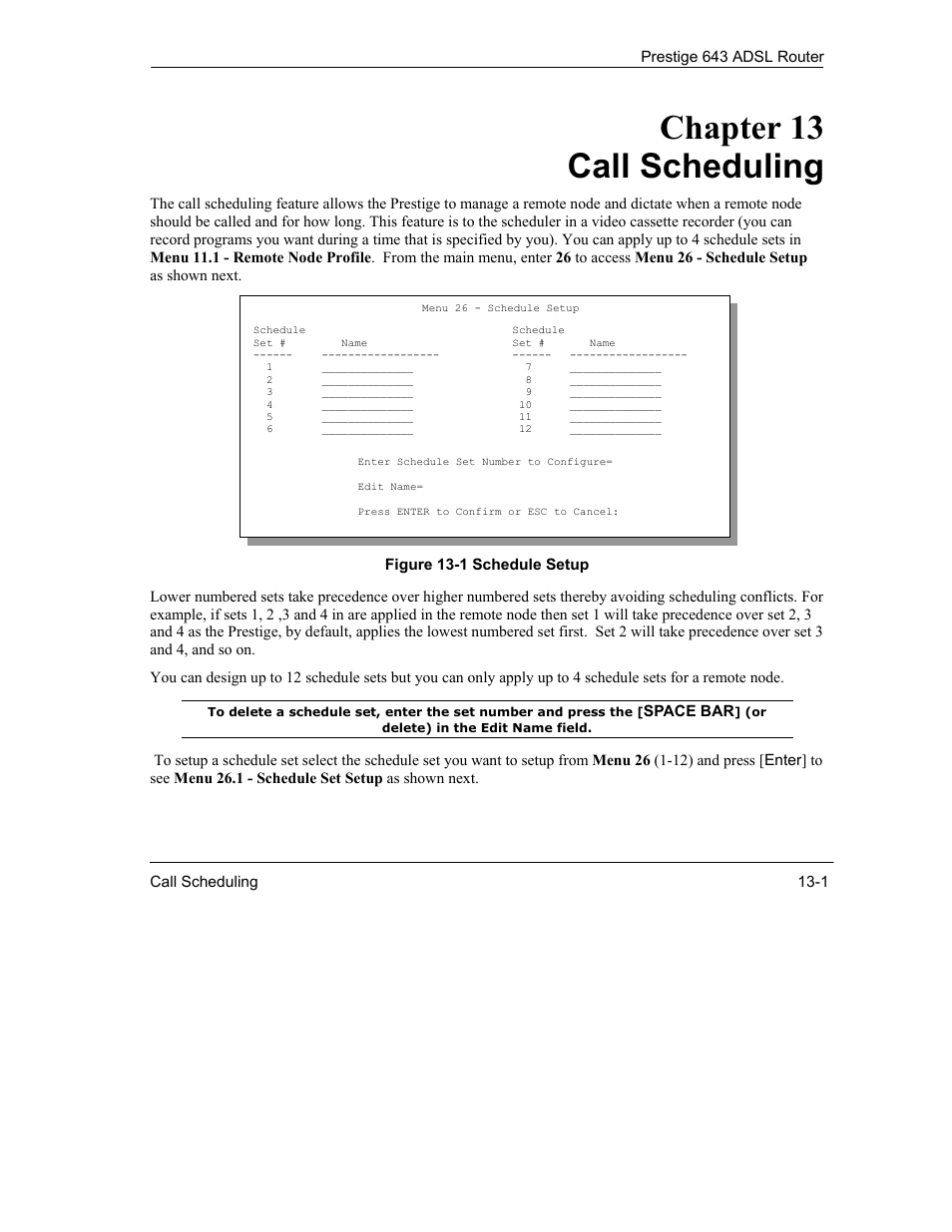 Call scheduling, Chapter 13 call scheduling | ZyXEL Communications Prestige 643 User Manual | Page 161 / 179