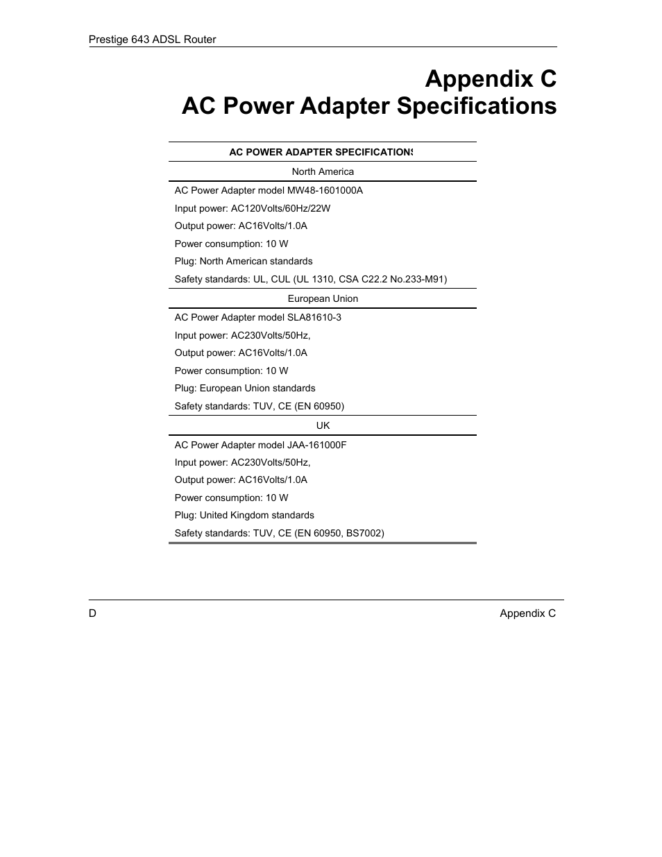 Ac power adapter specifications, Appendix c ac power adapter specifications | ZyXEL Communications Prestige 643 User Manual | Page 172 / 179