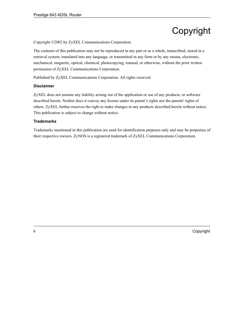 Copyright | ZyXEL Communications Prestige 643 User Manual | Page 2 / 179