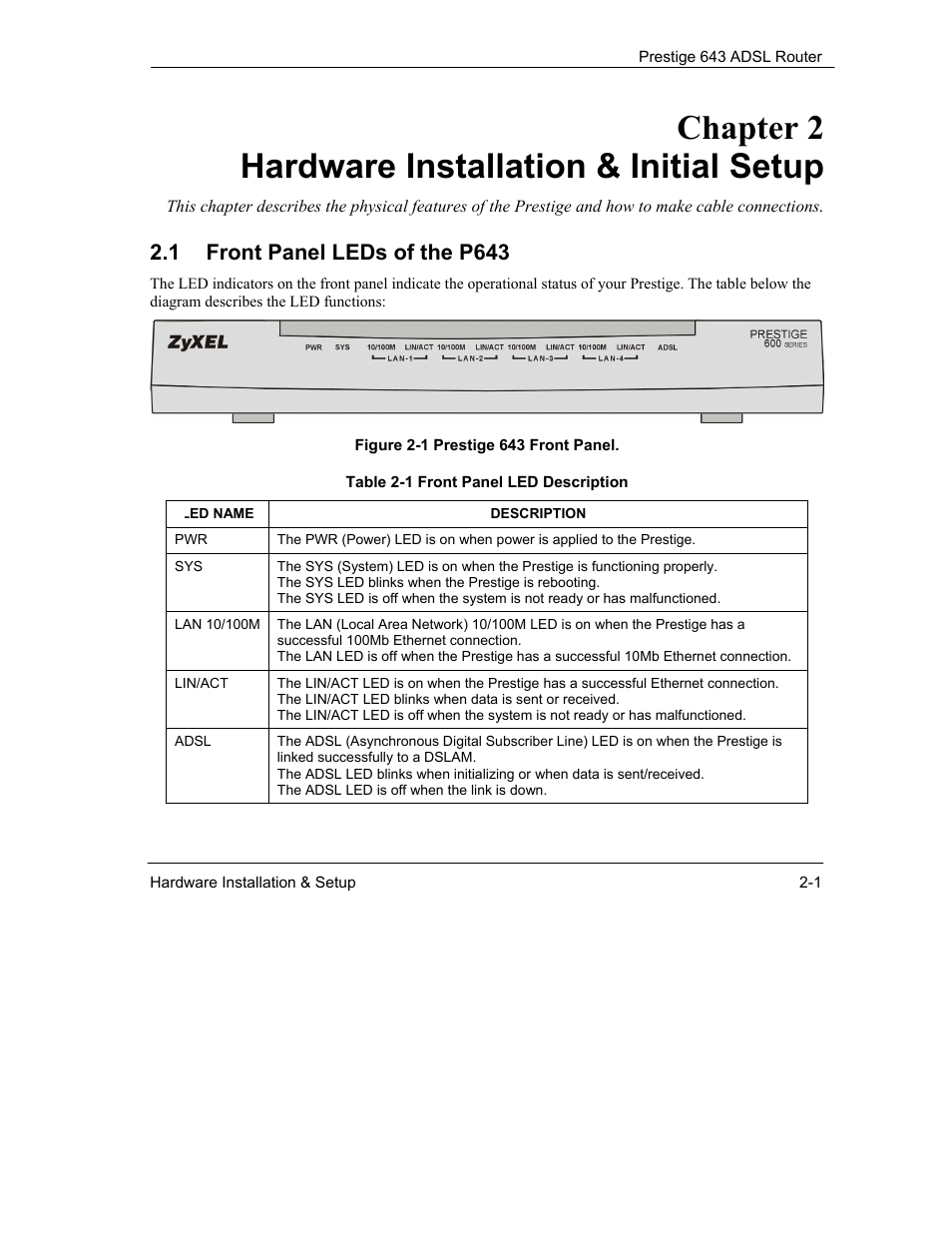 Hardware installation & initial setup, Chapter 2 hardware installation & initial setup, 1 front panel leds of the p643 | ZyXEL Communications Prestige 643 User Manual | Page 31 / 179